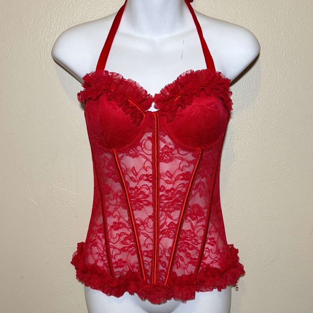 Red Lace Halter Bustier Corset Top - Unbranded